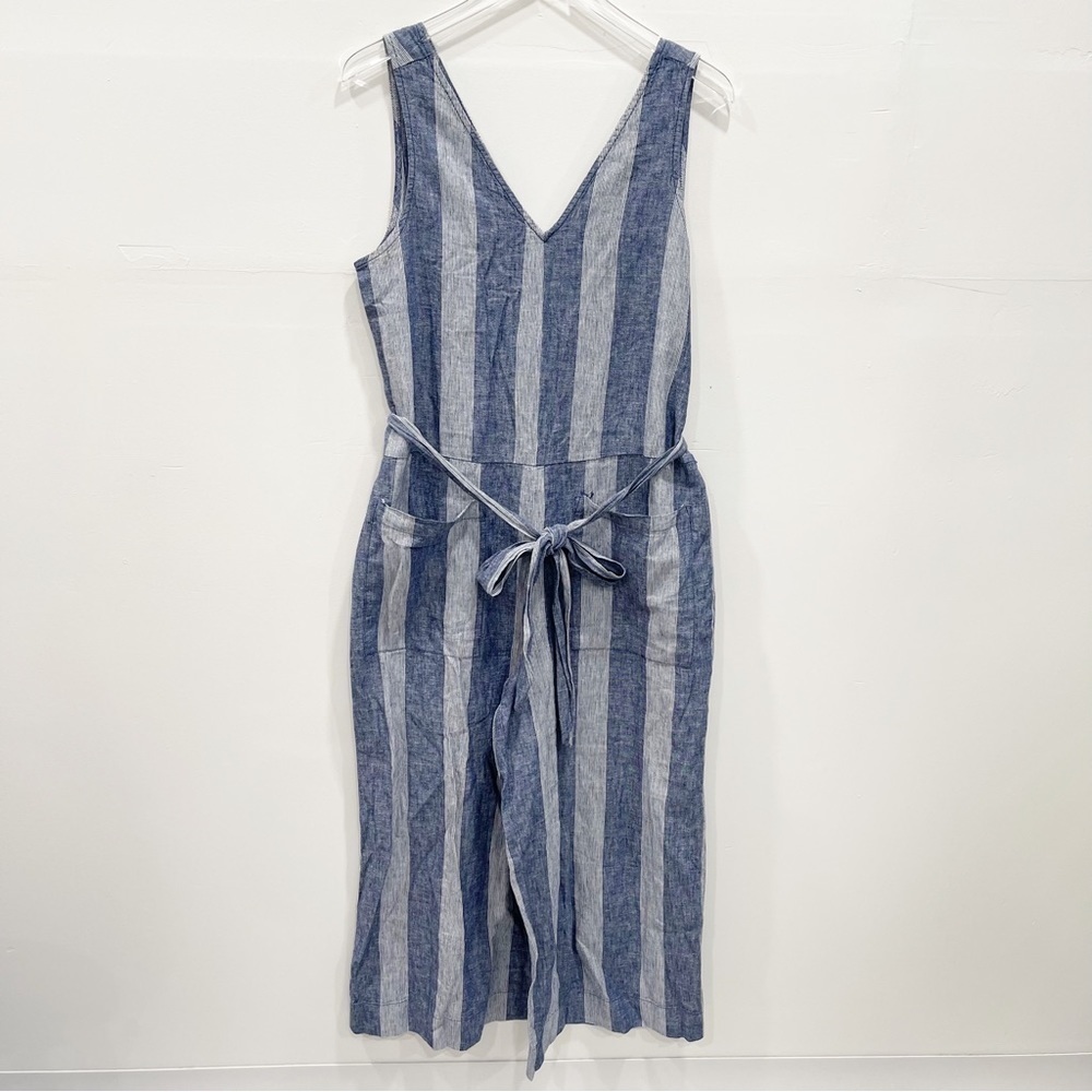 BeachLunchLounge Blue Stripe Wide Leg Jumpsuit Belted Cotton Linen Medium